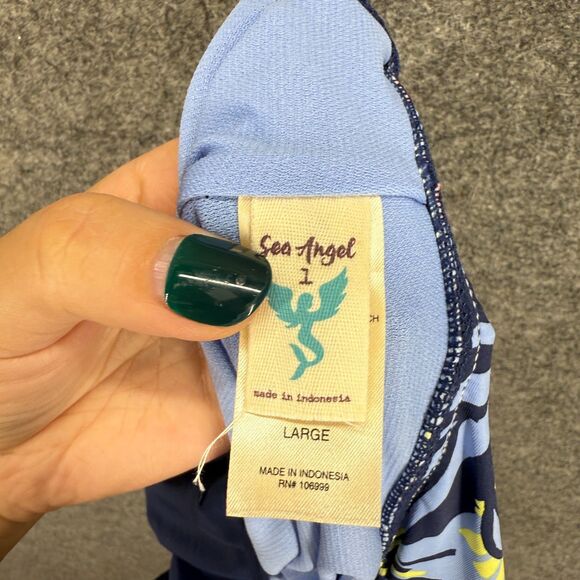 New Sea Angel Swimsuit Women L Large Blue Floral One Piece V-Neck Push Up Lined - Picture 3 of 7